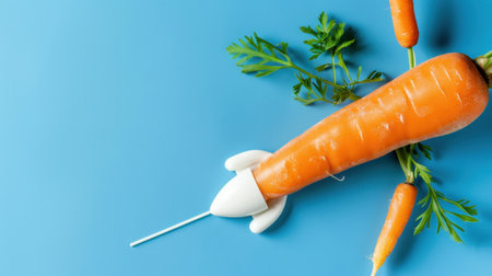 An inventive representation of a large carrot with a syringe, depicting a playful approach to food and nutrition. The vibrant orange hue contrasts with a soft blue background, highlighting the fresh vegetables and creating an engaging visual for health-themed content.の素材