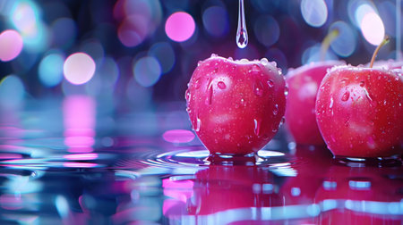 This captivating image showcases fresh red apples adorned with water droplets, resting on a reflective surface against a colorful bokeh background, evoking freshness.の素材