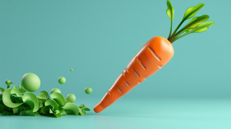 This 3D illustration showcases a vibrant carrot with fresh greens, surrounded by playful bubbles against a mint background, emphasizing health and freshness.の素材
