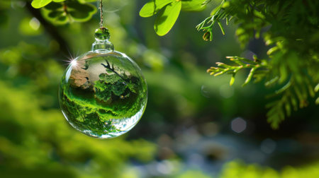 A stunning glass ornament captures the beauty of greenery reflecting vibrant nature, enhanced by sparkling light in a peaceful outdoor setting.の素材