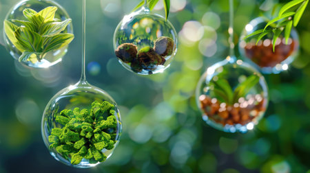 A captivating display of vibrant hanging terrariums featuring diverse green plants, creating a harmonious blend of nature and modern decor, with a soft focus background.の素材