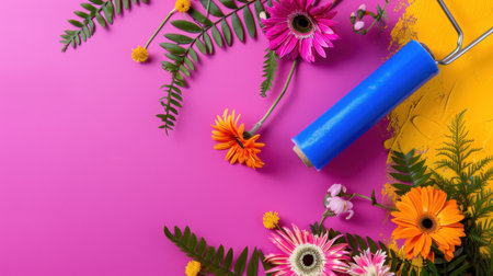 This vibrant image features a paint roller surrounded by colorful flowers and ferns on a bright pink background, perfect for creativity and gardening themes.の素材