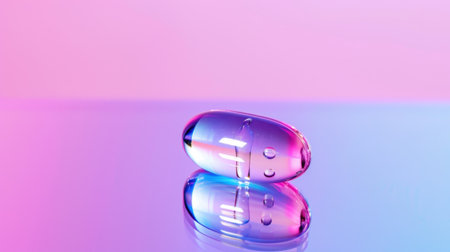 A visually striking image of a colorful transparent capsule resting on a smooth surface, reflecting vibrant hues of pink and blue. Ideal for health and wellness themes.の素材