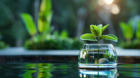 A vibrant green plant emerges from a glass container, floating gently over a calm water surface. The tranquil scene is set against a lush, natural background, embodying serenity and life.の素材