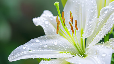 This stunning close-up image features white lily petals adorned with glimmering droplets of water. The vivid greens create a harmonious backdrop, highlighting the beauty of nature celebrated in a tranquil moment.の素材