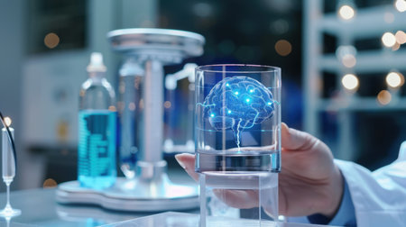 This image captures a hand holding a glass containing a holographic representation of a brain, symbolizing the intersection of science and technology in healthcare innovation.の素材