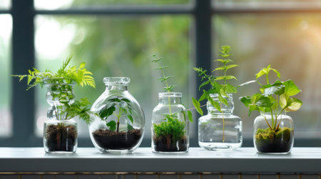 This captivating image showcases an arrangement of various green plants in elegant glass containers, illuminated by natural light. Perfect for indoor gardening enthusiasts.の素材
