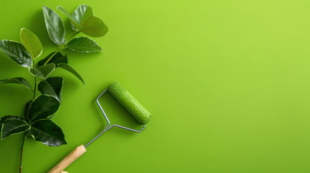A vibrant green background features fresh leaves and a paint roller, symbolizing creativity and nature's beauty in home decor and DIY projects.の素材