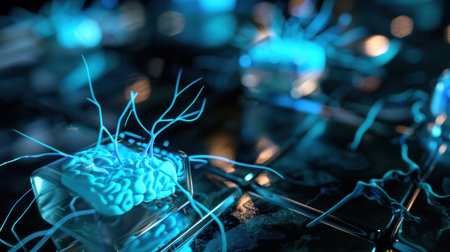 This abstract image showcases glowing blue wires resembling neural connections on a reflective surface, creating a captivating futuristic ambiance.の素材