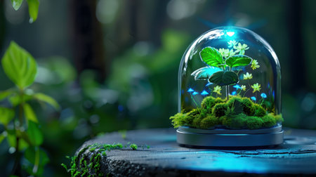 A beautiful miniature ecosystem featuring a green plant inside a glass dome, resting on a wooden log amidst lush greenery and soft atmospheric light.の素材