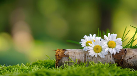 A serene composition featuring white daisies arranged on a birch log, surrounded by lush green grass, captures the essence of natural beauty and tranquility.の素材