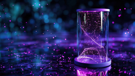 This stunning image showcases a glass container filled with glowing particles, set against a vivid dark background, creating a mystical atmosphere perfect for various artistic and scientific applications.の素材