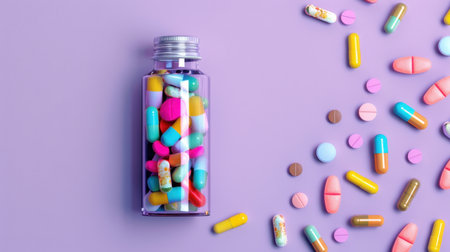 A stylish bottle filled with colorful capsules and pills lies on a vibrant purple background. This image captures the essence of health and wellness, showcasing the variety of medications available. Perfect for health-related projects, articles, and promotional materials.の素材