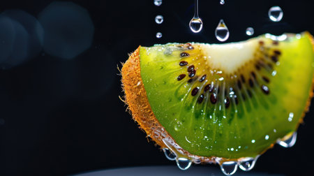 This image features a fresh kiwi slice suspended with glistening water droplets against a black background, highlighting its vivid green color and natural texture.の素材