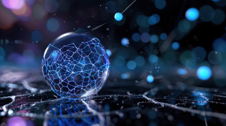 A mesmerizing glass sphere showcasing a complex network structure, illuminated by glowing particles against a dark background, ideal for technology themes.の素材