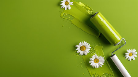 A vibrant green backdrop features a paint roller with fresh paint splashing beside white daisies. This image evokes creativity and new beginnings, perfect for home decor projects.の素材