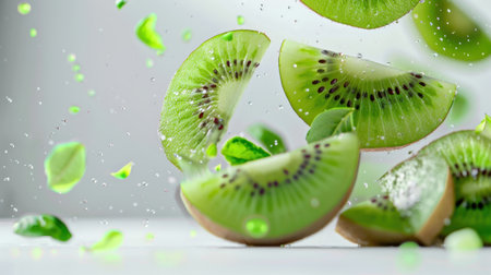 Dynamic image of fresh kiwi slices splashing in water surrounded by mint leaves, evoking a sense of freshness and health. Perfect for culinary themes.の素材