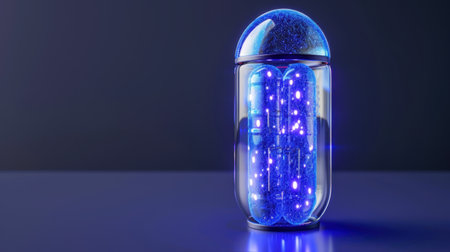 A striking futuristic capsule featuring vibrant blue particles illuminated by soft lights, set against a dark background. Ideal for tech and design themes.の素材