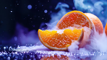 This captivating image features fresh orange slices surrounded by colorful smoke and sparkling droplets, creating a vibrant and refreshing visual.の素材