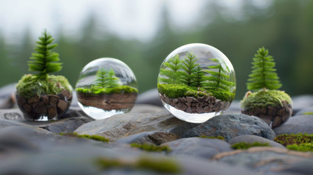 This captivating image showcases miniature forests enclosed in transparent glass spheres, resting on a bed of smooth stones and lush moss. The tranquility of nature is beautifully captured in a serene setting that emphasizes growth and beauty.の素材
