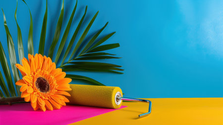 A dynamic still life featuring a vibrant orange flower, a paint roller, and a tropical leaf against bright blue, pink, and yellow backgrounds, perfect for creative projects.の素材