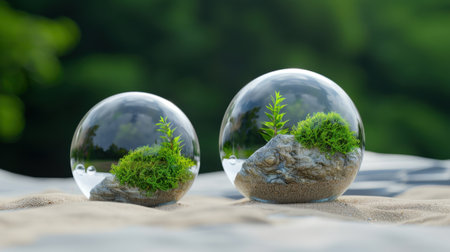 Stunning arrangement of lush green plants enclosed in crystal clear glass orbs, set against a soft sandy surface, inviting serenity and natural beauty.の素材