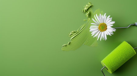 A vibrant green background features a daisy flower beside a paint roller, symbolizing creativity and freshness in home decor and artistic projects.の素材