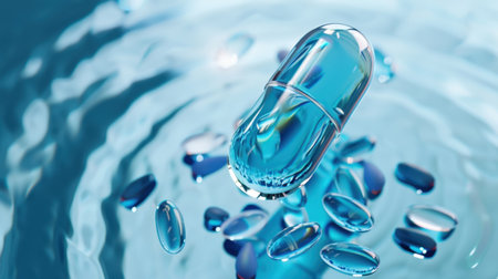 A transparent blue capsule gracefully floats above a water surface, surrounded by drops and ripples, evoking a sense of calm and purity in a serene setting.の素材