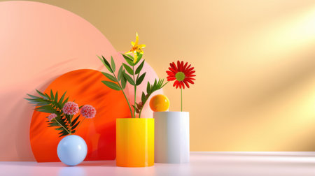 A vibrant floral arrangement showcased in colorful vases against a geometric backdrop. This captivating image features flowers and a lively color palette, enhancing any modern interior space.の素材