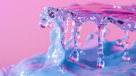 This captivating image showcases vibrant water forms with drops glistening against a pink and blue background, emphasizing fluidity and beauty.の素材