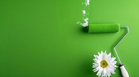A vibrant green wall features a paint roller and a white daisy, creating a fresh and inviting atmosphere. Perfect for home decor, DIY inspiration, and creative projects.の素材