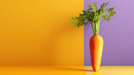A vibrant image showcasing a fresh carrot with green leaves set against a colorful orange and purple background, perfect for promoting healthy eating.の素材