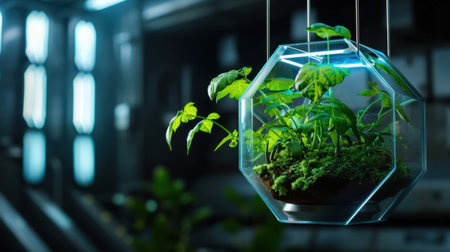 A captivating hexagonal glass terrarium showcases vibrant green plants, creating a serene indoor garden ideal for modern living spaces and home decor.の素材