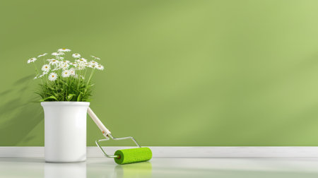 This image features a fresh green wall complemented by a paint roller and a white pot filled with flowers, creating a serene and inviting atmosphere perfect for home decor inspiration.の素材