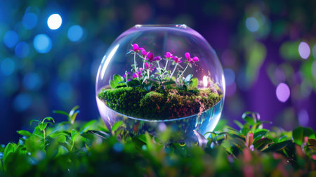 This stunning glass terrarium showcases vibrant flowers and lush moss, creating an enchanting centerpiece that enhances any indoor space with natural beauty.の素材