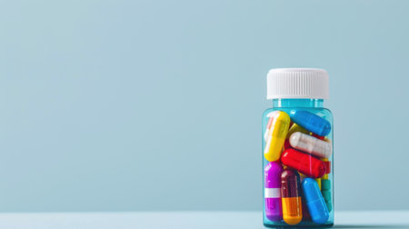 A vibrant bottle filled with various colorful capsules sits against a light blue background, symbolizing health, wellness, and pharmaceutical care.の素材