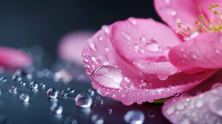 This close-up image captures vibrant pink flower petals adorned with glistening water droplets, set against a dark background, highlighting natural beauty.の素材