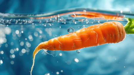 A vivid orange carrot submerged in clear water showcases bubbles and a blue background, emphasizing freshness and healthy cooking inspiration for food lovers.の素材