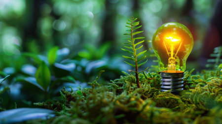 This captivating image showcases a glowing light bulb set against a lush, green backdrop of plants and moss, symbolizing innovation and sustainability.の素材