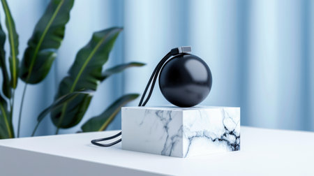 This image showcases an elegant black sphere placed on a marble base, set against a soft blue background with lush green plants, perfect for modern interior design.の素材