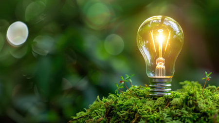 A glowing light bulb sits on vibrant green moss, highlighting the connection between nature and innovation in sustainable energy solutions, evoking inspiration.の素材