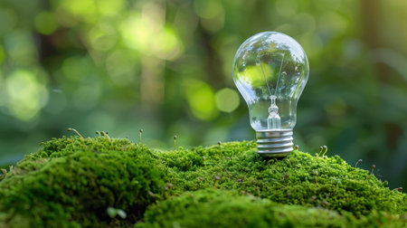 A clear light bulb stands prominently on a bed of moss, surrounded by a soft-focus green background. This image evokes a sense of nature, sustainability, and innovation, ideal for eco-friendly themes.の素材