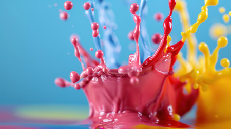 A dynamic image capturing vibrant splashes of paint in red and yellow against a blue background. The scene showcases fluid motion and colorful creativity, ideal for artistic projects.の素材