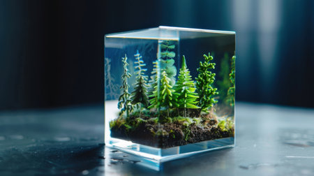 This stunning miniature forest inside a glass cube showcases vibrant green trees and lush moss, creating a serene and artistic display for home decor.の素材