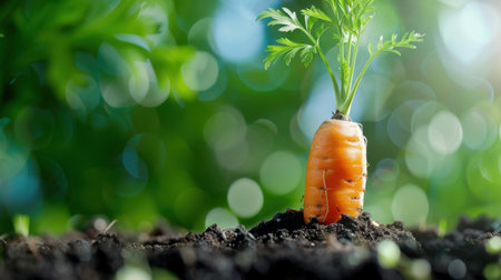 A vibrant orange carrot rises from rich dark soil, showcasing fresh green leaves. The blurred background evokes a serene garden atmosphere, symbolizing growth and vitality.の素材