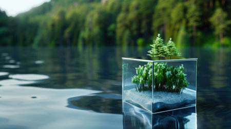 A stunning depiction of a miniature forest encased in a glass cube gently floating on serene water, showcasing the beauty of nature.の素材