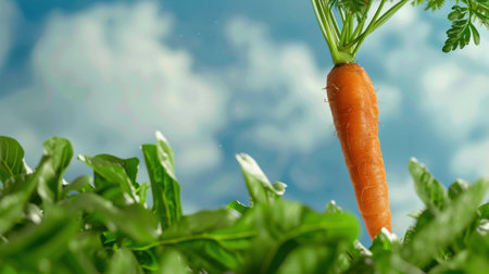A vibrant fresh carrot stands out against lush green leaves under a bright blue sky with fluffy clouds, symbolizing healthy agriculture and organic growth.の素材