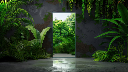 This captivating image features an open door reflecting a breathtaking tropical forest, surrounded by vibrant green foliage. A perfect visual for themes of serenity and escape.の素材