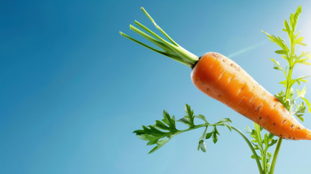 A striking image of a fresh orange carrot with lush green tops set against a vivid blue sky. This visual embodies healthy eating and vibrant agriculture.の素材