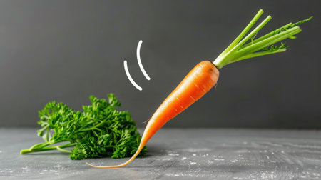 A vibrant orange carrot with green tops rests next to fresh parsley on a dark background, highlighting natural food freshness and health.の素材
